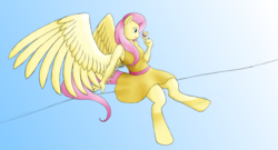 Size: 1627x877 | Tagged: safe, artist:alixnight, fluttershy, butterfly, pegasus, anthro, unguligrade anthro, g4, clothes, dress, female, gradient background, krita, solo, sundress