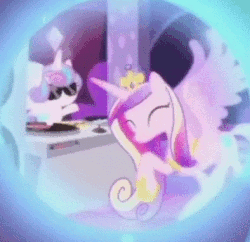 Size: 394x382 | Tagged: safe, screencap, princess cadance, princess flurry heart, alicorn, pony, a royal problem, g4, animated, context is for the weak, cropped, cute, cutedance, dancing, disc jockey, dj flurry heart, dj table, dream, dream orbs, female, flurrybetes, gif, mother and child, mother and daughter, speaker, stabilized, sunglasses, the club can't even handle me right now, turntable