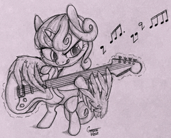 Size: 1251x1005 | Tagged: safe, artist:gracewolf, princess flurry heart, alicorn, pony, g4, baby, diaper, electric guitar, female, guitar, magic, music notes, musical instrument, pencil drawing, sketch, solo, traditional art, wing hands