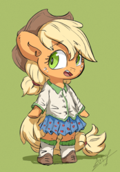 Size: 625x900 | Tagged: safe, artist:assasinmonkey, applejack, earth pony, pony, g4, clothes, cowboy hat, cute, female, freckles, green background, hat, jackabetes, mare, open mouth, signature, simple background, solo, stetson