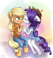 Size: 1450x1590 | Tagged: source needed, safe, artist:tcn1205, applejack, rarity, anthro, unguligrade anthro, g4, clothes, cute, dress, female, kissing, lesbian, ship:rarijack, shipping