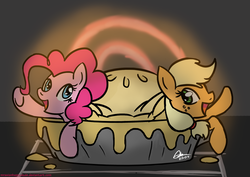 Size: 1748x1240 | Tagged: safe, artist:mrasianhappydude, applejack, pinkie pie, earth pony, pony, g4, pinkie apple pie, duo, duo female, female, food, mare, micro, pie, ponies in food, pun, raised hoof