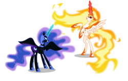 Size: 6000x3798 | Tagged: safe, artist:orin331, daybreaker, nightmare moon, alicorn, pony, a royal problem, g4, absurd resolution, confrontation, duo, ethereal mane, female, galaxy mane, gritted teeth, mane of fire, mare, rearing, simple background, spread wings, transparent background, vector, wings