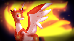 Size: 2927x1610 | Tagged: safe, artist:not-ordinary-pony, daybreaker, alicorn, pony, a royal problem, g4, evil, female, glowing eyes, helmet, looking back, mare, solo, spread wings, wings