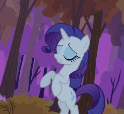Size: 707x648 | Tagged: safe, screencap, rarity, pony, unicorn, dragon quest, g4, season 2, animated, beautiful, bipedal, cropped, eyes closed, eyeshadow, female, forest, frown, gif, graceful, hair flip, ladylike, makeup, mane flip, mare, night, pacifist, solo, talking