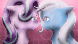 Size: 1024x576 | Tagged: safe, artist:nightrain96, starlight glimmer, trixie, pony, unicorn, g4, crossed horns, female, horn, horns are touching, lesbian, mare, ship:startrix, shipping