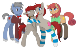 Size: 1280x811 | Tagged: safe, artist:liziedoodle, oc, oc only, oc:firetorch, oc:ponepony, oc:scarlet topaz, oc:silvershield, pony, annoyed, ascot, bowtie, chest fluff, clothes, commission, ear piercing, earring, eyeshadow, family photo, glasses, hug, jewelry, makeup, piercing, scarf, sibling teasing, simple background, socks, stockings, striped socks, sweater vest, thigh highs, transparent background, unshorn fetlocks
