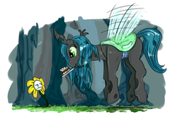 Size: 1165x915 | Tagged: safe, artist:testostepone, queen chrysalis, changeling, changeling queen, nymph, g4, cake, crossover, cute, cutealis, duo, female, filly, filly queen chrysalis, flowey, flying, food, looking at each other, painting, unamused, undertale, younger