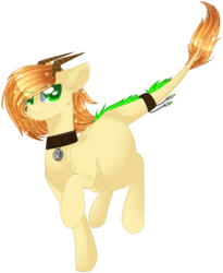 Size: 2069x2520 | Tagged: safe, artist:php146, oc, oc only, oc:polonium, object pony, original species, pony, :t, collar, colored pupils, element pony, eye clipping through hair, high res, horns, male, ponified, radioactive, raised hoof, simple background, solo, stallion, transparent background