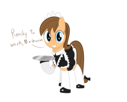 Size: 1000x800 | Tagged: safe, artist:mightyshockwave, oc, oc only, oc:zippersnap, earth pony, pony, bow, clothes, dialogue, female, looking at you, maid, maid headdress, mare, plate, raised hoof, simple background, smiling, solo, tail bow, white background