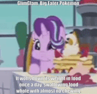 Size: 191x187 | Tagged: safe, edit, edited screencap, screencap, starlight glimmer, munchlax, pony, unicorn, a royal problem, g4, animated, aweeg*, chewing, cropped, cute, eating, female, food, gif, gif for breezies, glimglam, glimmerbetes, lowres, mare, pancakes, picture for breezies, pokémon, puffy cheeks, solo