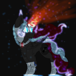 Size: 2560x2560 | Tagged: safe, artist:brokensilence, oc, oc only, oc:mira songheart, alicorn, pony, armor, corrupted, fangs, helmet, high res, magic, nightmarified, simple background, solo, wavy mane, wavy tail