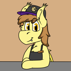 Size: 677x677 | Tagged: safe, artist:koonzypony, oc, oc only, oc:stuffed crust, bat pony, pony, apron, bat wings, brown background, cashier, clothes, counter, fangs, food, hat, male, pizza, shy, simple background, smiling, solo, stallion