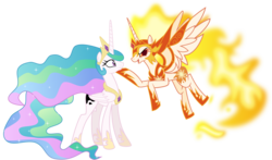 Size: 8000x4709 | Tagged: safe, artist:limedazzle, daybreaker, princess celestia, alicorn, pony, a royal problem, g4, absurd resolution, armor, concave belly, ethereal mane, evil counterpart, hoof under chin, looking at each other, mane of fire, show accurate, simple background, slender, swapped cutie marks, thin, transparent background, vector, wings