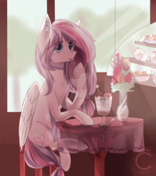 Size: 1280x1443 | Tagged: safe, artist:midnightdream123, oc, oc only, oc:lightly candy, pegasus, pony, cupcake, female, flower, food, ice cream, mare, pie, sitting, solo, table, watermark
