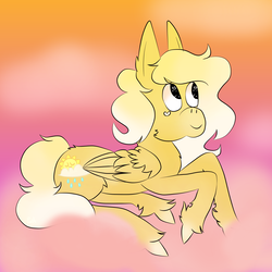 Size: 4000x4000 | Tagged: safe, artist:php29, derpibooru exclusive, oc, oc only, oc:sunshowers, pegasus, pony, fluffy, gradient background, lying down, solo, sunset, unshorn fetlocks
