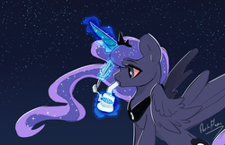 Size: 6122x3972 | Tagged: safe, artist:darkflame75, princess luna, pony, g4, absurd resolution, bong, drug use, drugged, drugs, female, magic, night, solo, stars, telekinesis