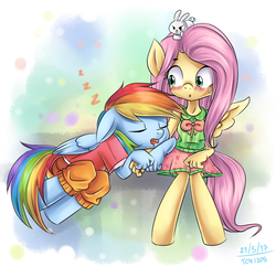 Size: 1550x1500 | Tagged: source needed, safe, artist:tcn1205, angel bunny, fluttershy, rainbow dash, anthro, g4, anatomically incorrect, blushing, clothes, cute, dashabetes, drool, female, incorrect leg anatomy, lesbian, ship:flutterdash, shipping, shyabetes, skirt, sleeping