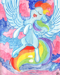 Size: 3981x4937 | Tagged: safe, artist:thorinstrawberry, rainbow dash, pony, g4, absurd resolution, chest fluff, cloud, eyes closed, female, floppy ears, flying, solo, stars, traditional art, watercolor painting
