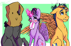 Size: 6621x4344 | Tagged: safe, artist:loladotz, flash sentry, king sombra, twilight sparkle, alicorn, pony, fanfic:princess protection program, g4, absurd resolution, backwards cutie mark, butter, coffee mug, disguise, drinking, fanfic, fanfic art, food, hiding, magic, mug, pancakes, sack, smiling, telekinesis, twilight sparkle (alicorn)