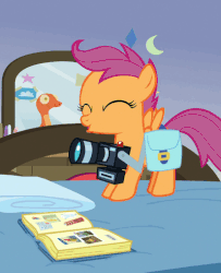 Size: 413x508 | Tagged: safe, screencap, scootaloo, pegasus, pony, parental glideance, animated, camera, cropped, cute, cutealoo, female, filly, foal, gif, happy, jumping, jumping on the bed, saddle bag, scrapbook, solo, spread wings, squee, wings