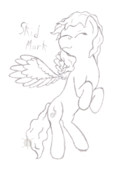 Size: 788x1112 | Tagged: safe, artist:parallel black, oc, oc only, oc:skid mark, pegasus, pony, eyes closed, flying, monochrome, pencil drawing, simple background, sketch, solo, traditional art, white background