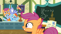 Size: 1920x1080 | Tagged: safe, screencap, bow hothoof, rainbow dash, scootaloo, windy whistles, pony, g4, parental glideance, classroom, cute, fan, hat, pennant, rainbow dash's parents, scootalove, scrapbook, ship:windyhoof