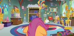 Size: 2176x1080 | Tagged: safe, screencap, rainbow dash, scootaloo, pony, g4, parental glideance, dashmentos, female, floppy ears, irl, photo, rainbow dash rug, toy, trophy