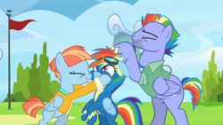 Size: 1920x1080 | Tagged: safe, screencap, bow hothoof, rainbow dash, windy whistles, pegasus, pony, g4, parental glideance, bipedal, female, male, mare, noogie, rainbow dash's parents, ship:windyhoof, stallion