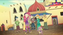 Size: 1600x900 | Tagged: safe, screencap, abby crabgrass, carlos thunderbolt, orange sherbette, pinkie pie, spike, spike the regular dog, track starr, dog, equestria girls, equestria girls specials, g4, movie magic, background human, clothes, costume, dress, india movie set, kurta, teletoon, unnamed character, unnamed human