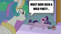 Size: 1277x717 | Tagged: safe, edit, edited screencap, screencap, princess celestia, starlight glimmer, alicorn, pony, a royal problem, g4, female, mare, sleepy starlight, speech bubble