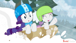Size: 640x360 | Tagged: dead source, safe, artist:brutalweather studio, rarity, sweetie belle, pony, unicorn, forever filly, animated, duo, female, filly, forest, gif, helmet, mare, perfect loop, scenery, show accurate, siblings, sisters, sled, sledding, snow, watermark, winter
