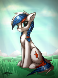 Size: 900x1200 | Tagged: safe, artist:setharu, oc, oc only, oc:marussia, pony, looking at you, nation ponies, ponified, russia, scenery, sitting, solo