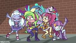 Size: 1600x900 | Tagged: safe, artist:psychodiamondstar, lemon zest, sour sweet, sugarcoat, sunny flare, equestria girls, equestria girls specials, g4, my little pony equestria girls: dance magic, converse, dance magic (song), dancing, eyes closed, graffiti, group, scene interpretation, shoes, smiling, sneakers, wall