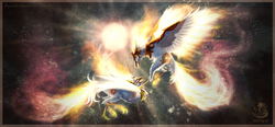 Size: 1920x889 | Tagged: safe, artist:begasus, daybreaker, nightmare star, bird, a royal problem, awesome, beautiful, chinese, chinese mythology, confrontation, crown, duo, epic, fight, flying, japanese mythology, jewelry, looking at each other, majestic, mythology, regalia, sanzuwu, species swap, spread wings, sun, three-legged golden crow, two flaming sunponies, wings, yangwu, yatagarasu