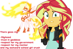Size: 6080x4160 | Tagged: safe, daybreaker, sunset shimmer, pony, a royal problem, equestria girls, g4, absurd resolution, clothes, jacket, leather jacket, looking at you, mane of fire, scared, simple background, white background
