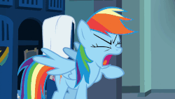 Size: 941x529 | Tagged: safe, screencap, rainbow dash, pony, g4, parental glideance, angry, animated, feather fingers, female, gif, locker room, mare, solo, wing gesture, wing hands, wings