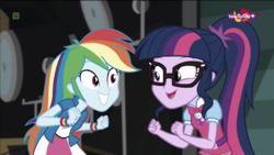 Size: 1600x900 | Tagged: safe, screencap, rainbow dash, sci-twi, twilight sparkle, equestria girls, equestria girls specials, g4, my little pony equestria girls: movie magic, bowtie, bracelet, cute, female, glasses, jewelry, looking at each other, magical geodes, necklace, pendant, teletoon, wristband