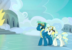 Size: 710x497 | Tagged: safe, screencap, sky stinger, vapor trail, pegasus, pony, g4, parental glideance, season 7, best friends, clothes, duo, female, looking at each other, male, mare, shipping fuel, smiling, stallion, uniform, wonderbolt trainee uniform