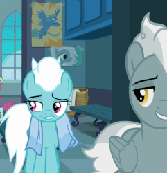 Size: 495x514 | Tagged: safe, screencap, fleetfoot, scootaloo, silver lining, silver zoom, pegasus, pony, g4, parental glideance, season 7, animated, cropped, faic, female, gif, silverfoot, smiling, smirk