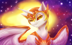 Size: 3000x1900 | Tagged: safe, artist:peachmayflower, daybreaker, alicorn, pony, a royal problem, g4, beautiful, evil smile, fangs, female, grin, helmet, mane of fire, mare, smiling, solo