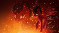 Size: 1024x576 | Tagged: safe, artist:novaintellus, oc, oc only, oc:demonic hooves, pegasus, pony, fire, looking at you, male, solo, stallion