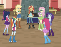 Size: 395x301 | Tagged: safe, screencap, applejack, fluttershy, pinkie pie, rainbow dash, rarity, sci-twi, spike, spike the regular dog, sunset shimmer, twilight sparkle, dog, equestria girls, equestria girls specials, g4, movie magic, angry, animated, boots, clothes, crossed arms, gif, hand on hip, hands behind back, humane five, humane seven, humane six, india movie set, rainbow socks, raised leg, shoes, socks, striped socks, upset, walking