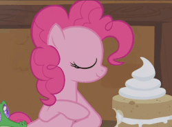 Size: 631x464 | Tagged: safe, screencap, gummy, pinkie pie, alligator, earth pony, pony, not asking for trouble, animated, aweeg*, cake, cartoon physics, chubby cheeks, cute, diapinkes, digestion without weight gain, eating, female, floppy ears, food, gif, grin, hammerspace, hammerspace belly, mare, mawshot, neck bulge, open mouth, pinkie being pinkie, rubbing hooves, smiling, stuffing, swallowing, throat bulge, uvula, volumetric mouth