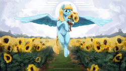 Size: 1920x1080 | Tagged: safe, artist:blindcoyote, helia, pegasus, pony, g4, female, flower, flying, gift art, hoof hold, mare, smiling, solo, spread wings, sunflower, wings