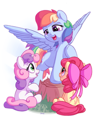 Size: 1100x1400 | Tagged: safe, artist:bobdude0, apple bloom, rainbow dash, sweetie belle, earth pony, pegasus, pony, unicorn, g4, commission, female, filly, freckles, mare, simple background, spread wings, tree stump, trio, white background, wings