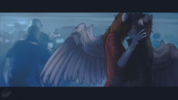 Size: 1366x768 | Tagged: safe, artist:orfartina, oc, oc only, pegasus, anthro, anthro oc, clothes, commission, female, jacket, kissing, male, mare, police, stallion, ych result