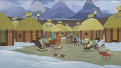 Size: 1920x1080 | Tagged: safe, screencap, prince rutherford, yvette, pony, yak, g4, not asking for trouble, female, hair over eyes, hut, male, open mouth, snow, unnamed character, unnamed yak, yak smash