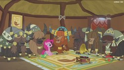 Size: 1920x1080 | Tagged: safe, screencap, gummy, pinkie pie, prince rutherford, yohimbine, pony, yak, g4, not asking for trouble, cloven hooves, female, gramophone, male, unnamed character, unnamed yak, yomiel, yukata (g4), yvonne