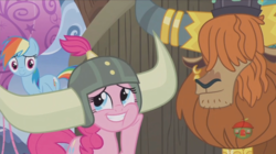 Size: 1234x692 | Tagged: safe, screencap, pinkie pie, prince rutherford, rainbow dash, pony, g4, not asking for trouble, helmet, honorary yak horns, horned helmet, viking helmet